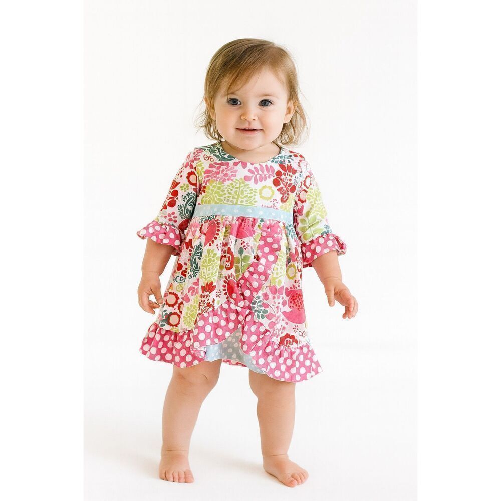 SMOCKED A LOT Toddler Girls Floral Ruffled Dress Size 18M Boho Polka Dots